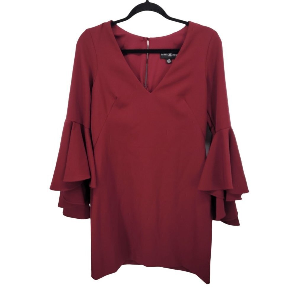 Betsy & Adam womens 4 red wine blouse v neck layer bell ruffle 3/4 sleeves NWT